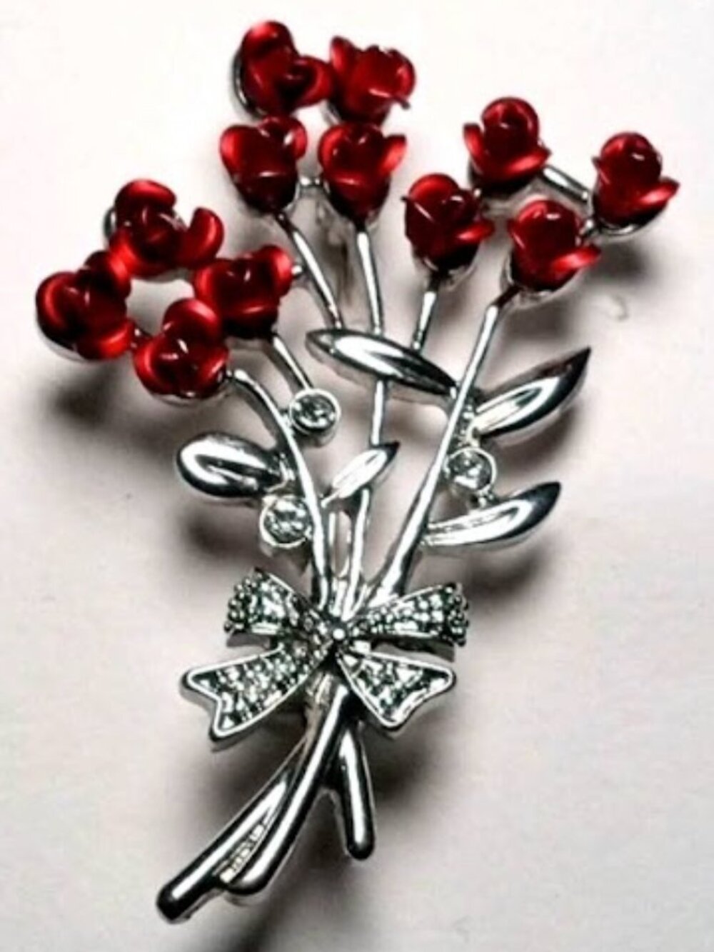 Vintage Long Stem Rose Brooch Silver Tone Rhinestone